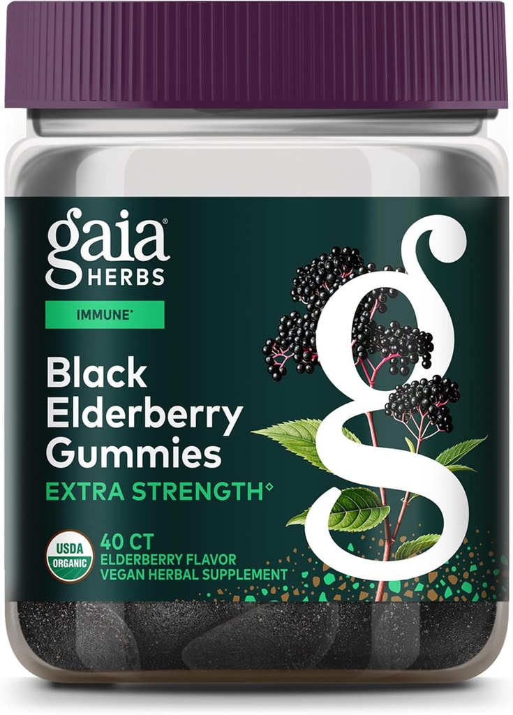 Gaia Herbs Black Elderberry (Sambucus Nigra) Ekstra Güçlü Gummies - Delicious Immune Support Supplement - Made with Certified Organic Black Elderberries for Immune System Support - 40 Gummies