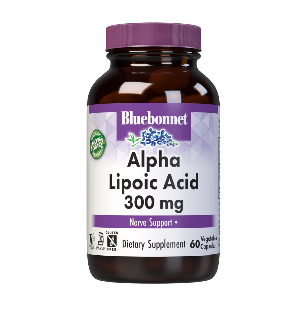 BlueBonnet Alpha Lipoic Acid 300mg - Ισχυρό αντιοξειδωτικό συμπλήρωμα υποστήριξης για γυναίκες & άνδρες - μη ΓΤΟ, Vegan, Kosher - Χωρίς γλουτένη, χωρίς σόγια, χωρίς γαλακτοκομικά - 60 κάψουλες λαχανικών