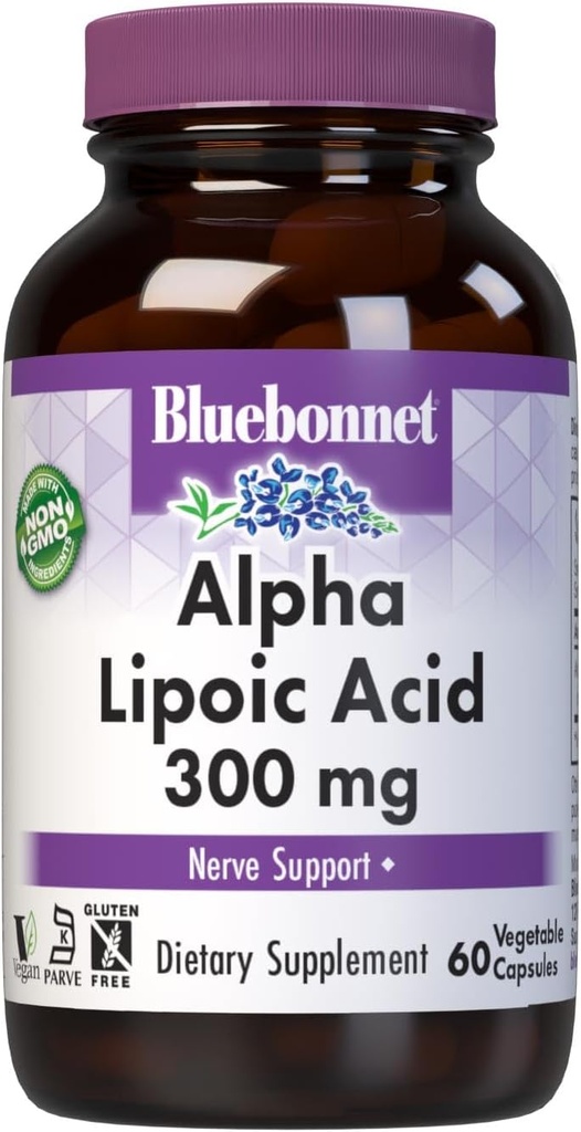BlueBonnet Alpha Lipoic Acid 300mg - Güçlü Antioksi Nerve Support Supplement for Women & Men - Non-GMO, Vegan, Kosher - Gluten-Free, Soy-Free, Dairy-Free - 60 Sebze Capsules