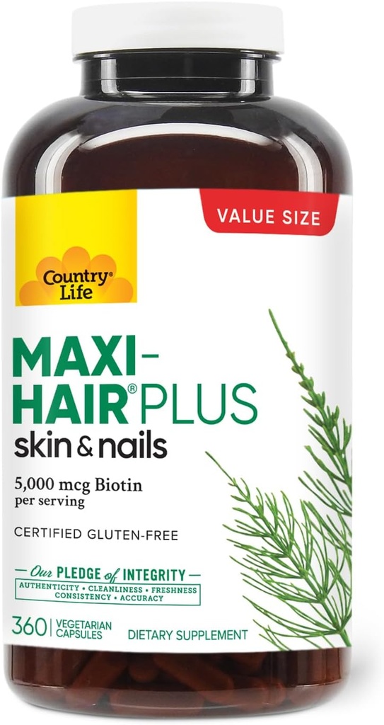 Χώρα ζωής Maxi-Hair Plus 5000 mcg Biotin, 360 κάψουλες, πιστοποιημένη χωρίς γλουτένη, πιστοποιημένη χορτοφαγική