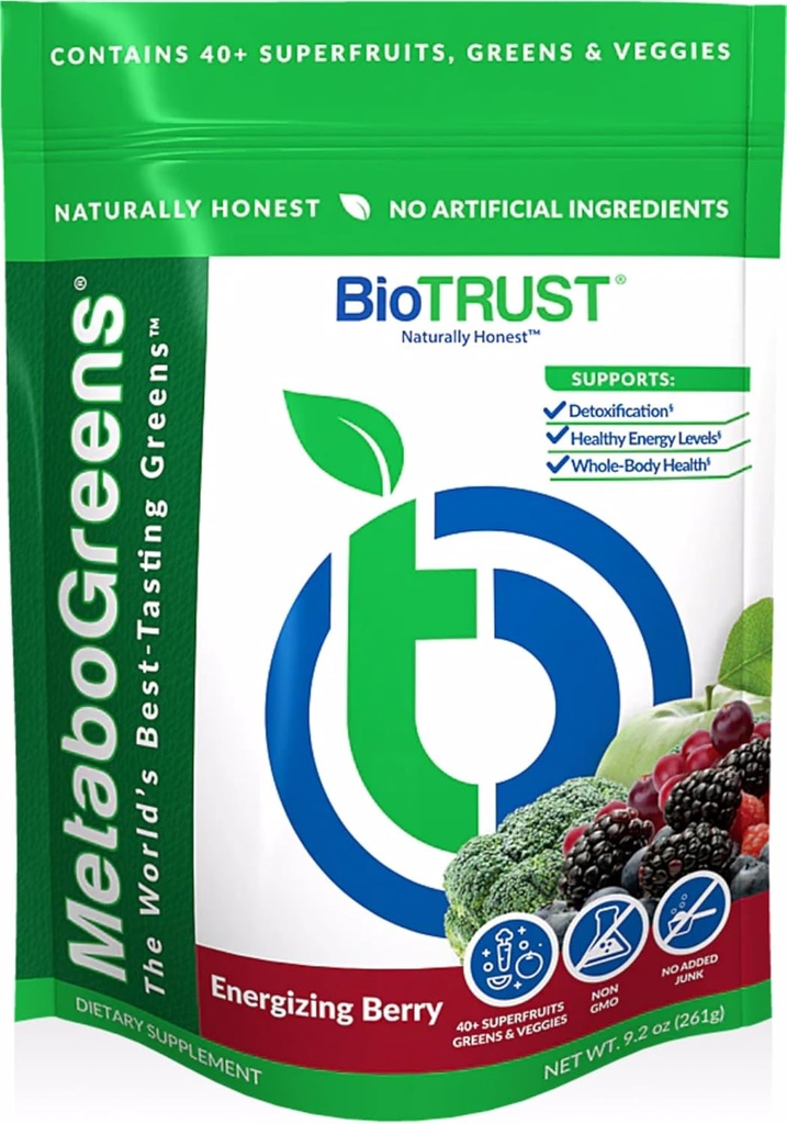 BioTrust Metabo Greens Superfood Toz - Super Greens Toz, Meyve & Veggie Mix Klinik olarak Studied Spectra - GMO, Soy Free, Gluten Free, Dairy Free, Energating Berry Flavor (30 hizmet)