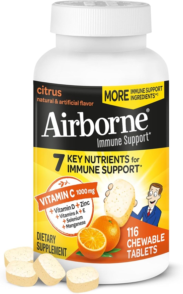 Airborne C 1000 mg (per Servis) - Citrus Chewable Tabletler (116 Bir Şişede Kont), Gluten-Free Immune Support Supplement, A C E, çinko, Selenium, Echinacea, Ginger, Antioksis
