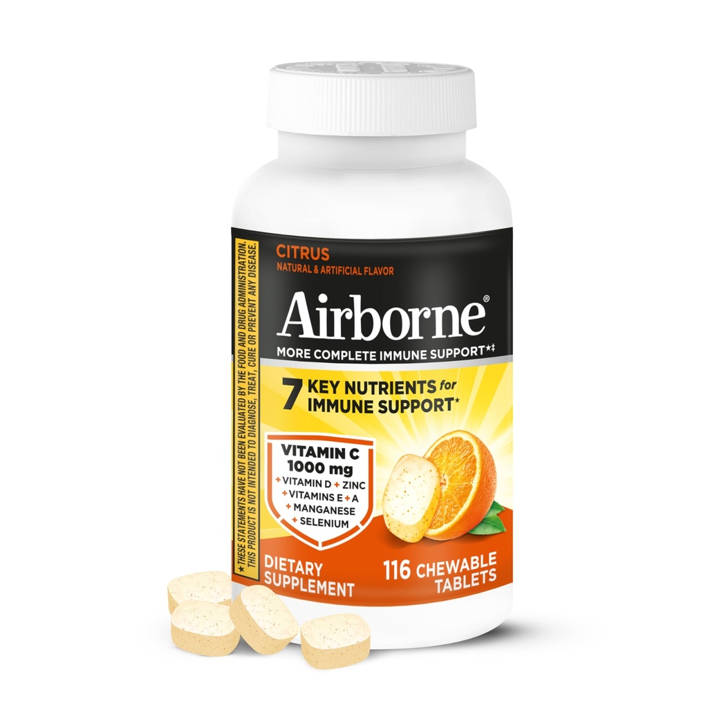 Airborne C 1000 mg (per Servis) - Citrus Chewable Tabletler (116 Bir Şişede Kont), Gluten-Free Immune Support Supplement, A C E, çinko, Selenium, Echinacea, Ginger, Antioksis