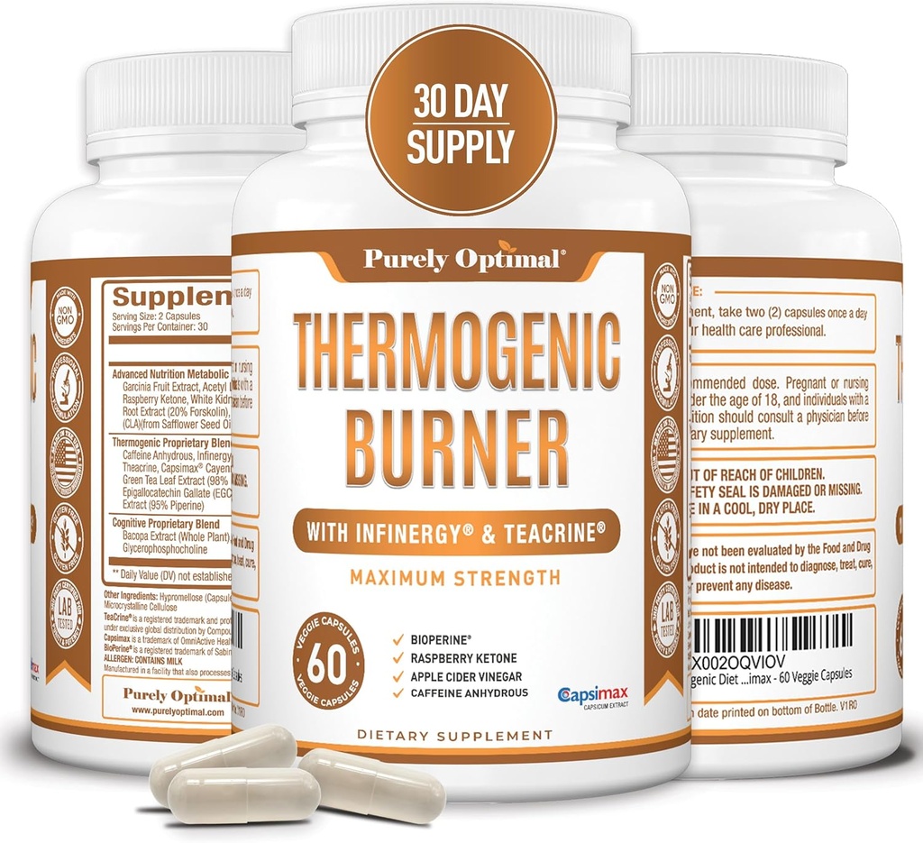 Purely Optimal Thermogenic Fat Burner for Women - Advanced Metabolism Support & Energy Booster - Natural Ingredients, Vegan-Friendly, Non-GMO - 60 Capsules