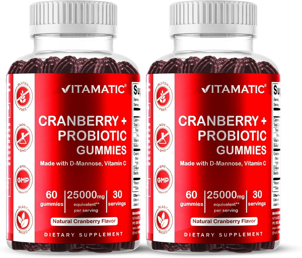 Vitamatic 2 Pack Vegan Cranberry Gummies with D-Mannose, Probiyotik & Vitamin C for Women Urinary Tract Health - 25000 mg Equivalent Per Service ( 50:1 Ekstra 500 mg) - 60 Kont