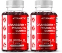 Vitamatic 2 Pack Vegan Cranberry Gummies with D-Mannose, Probiotic & Vitamin C for Women Urinary Tract Health - 25000mg Equivalent Per Serving (from 50:1 Extract 500 mg) - 60 Count