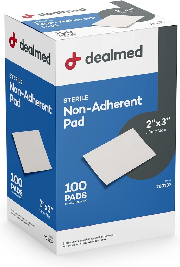 Dealmed Sterile Non-Adherent 2" x 3" Gauze Pads Non-Adhesive Yara Giyme, Highly Absorbent & Non-Stick, Painless Removal-Switch, Bireysel Olarak Ekstra Koruma için Geri Döndü (100 Kutu)
