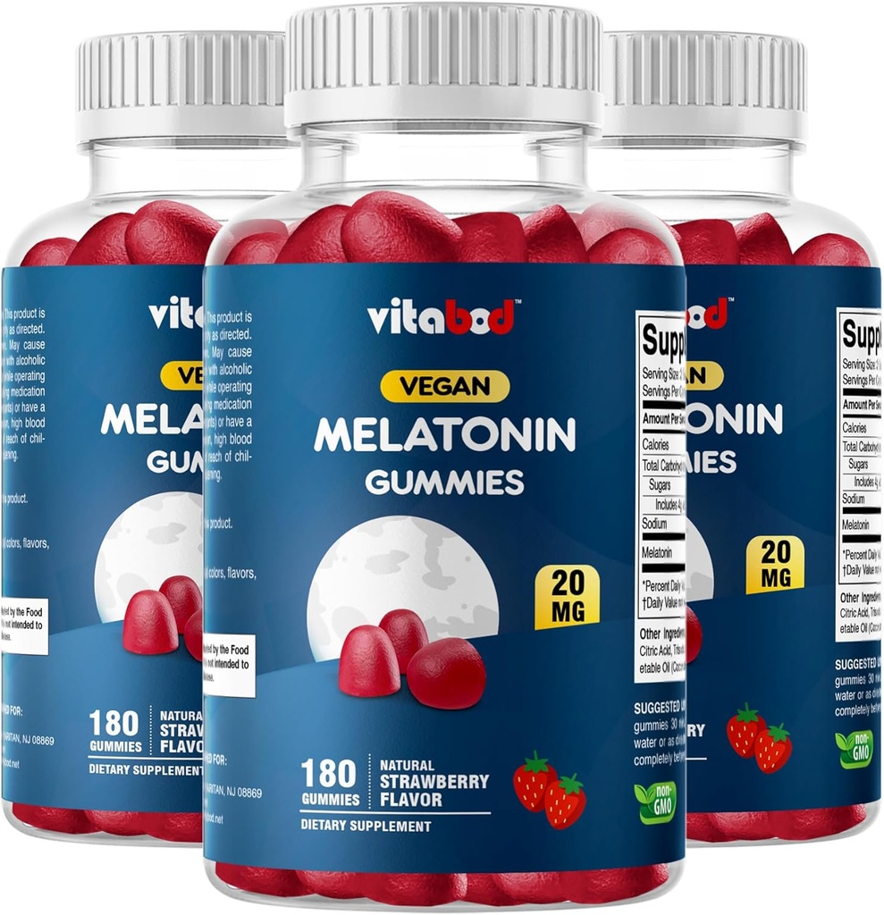 Μελατονίνη 20mg Gummies - 180 Count - Χωρίς φάρμακα - Φυσικό άρωμα φράουλας - Χορτοφαγική, Μη ΓΤΟ, Χωρίς γλουτένη (3 μπουκάλια)