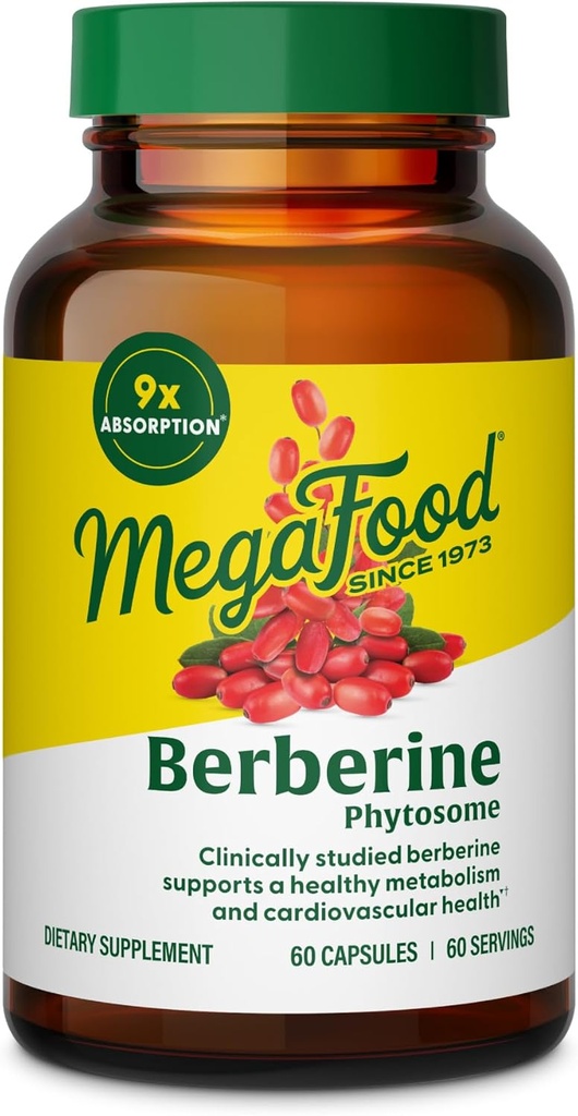 MegaFood Berberine Phytosome - Berberine Supplement 550 mg Sürekli, 1100 mg Günlük - 9X AbX Metabolism & Cholesterol Seviyeleri - Vegan - 60 Capsules, 30 Day Supply