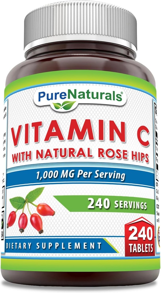 Pure Naturals Vitamin C with Rose HIPS 1000 mg Per Servisleri | 240 Tablet Tamam | Non-GMO | Gluten Free | Made in USA