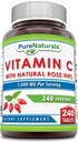 Pure Naturals Vitamin C with Rose HIPS 1000 mg Per Servisleri | 240 Tablet Tamam | Non-GMO | Gluten Free | Made in USA