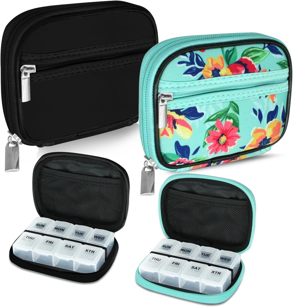Serfeymi Weekly Travel Pill Organizer Pill Case for Purse with Reforce 7 Day Pill Box, Fashionable Travel Medicine Organizer Pill Konteyner for Medicine, Vitamin, Supplement - Black 01 + Green 01