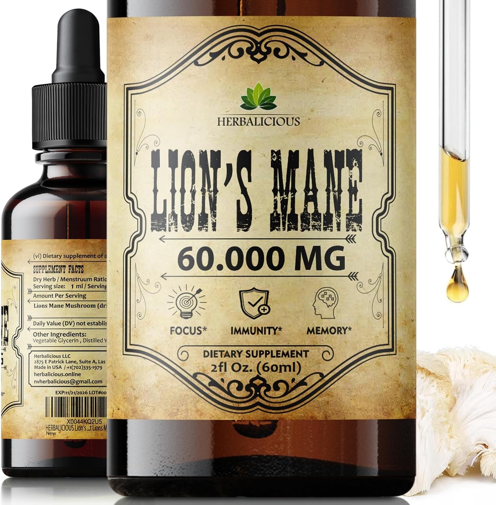 Lion's Mane 2 fl oz Liquid – Natural Mushroom Supplement Tincture for Brain, Memory, mental Clarity & Focus – Immune Support – High Potency Formula – 90-Day Supply