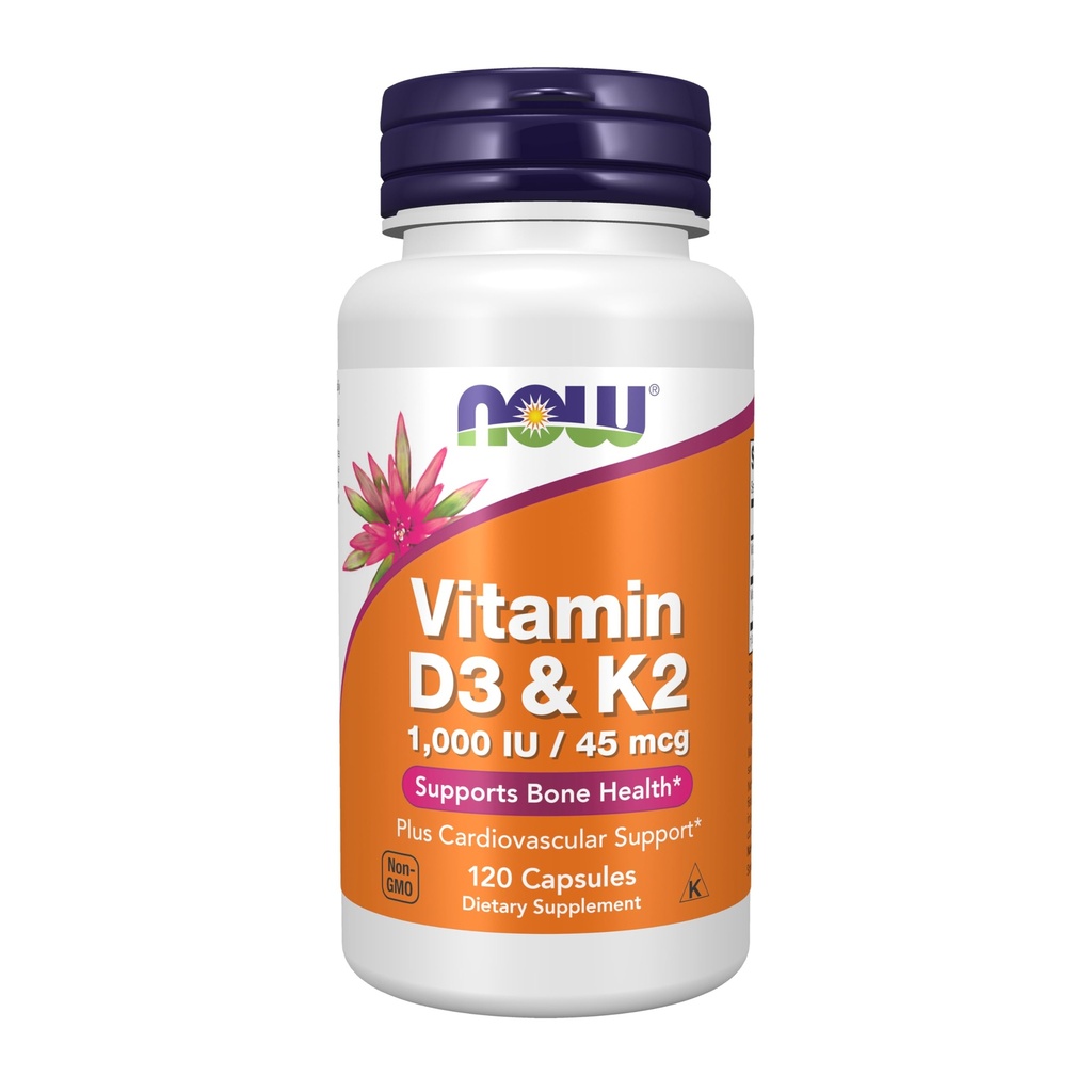 NOW Συμπληρώματα, Βιταμίνη D-3 & K-2, 1.000 IU/45 mcg, Plus Καρδιαγγειακή Υποστήριξη *, Υποστηρίζει την υγεία των οστών *, 120 κάψουλες λαχανικών