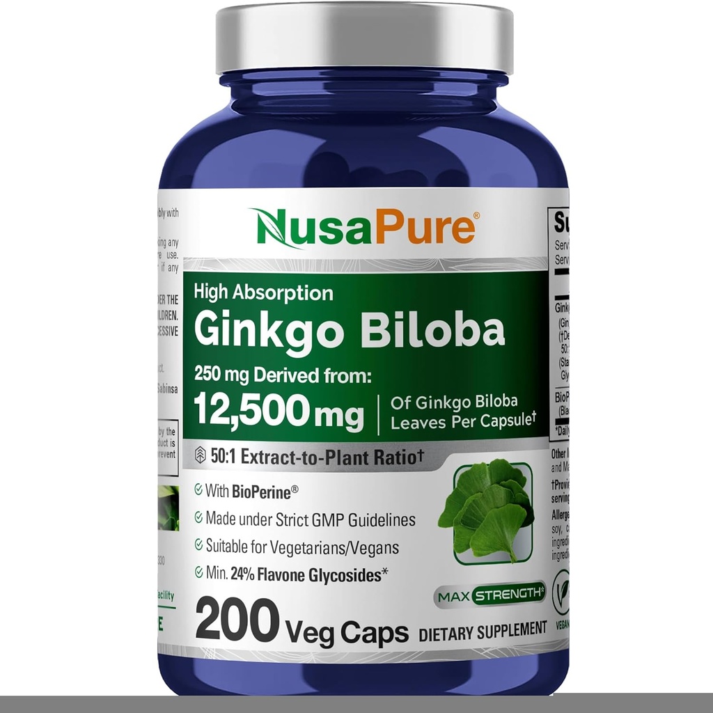 NusaPure Ginkgo Biloba 50:1 Ekstraksiyon, 250 mg Veggie Caps 200 Capsules (Vegetarian, Non-GMO, Vegan) Bioperine