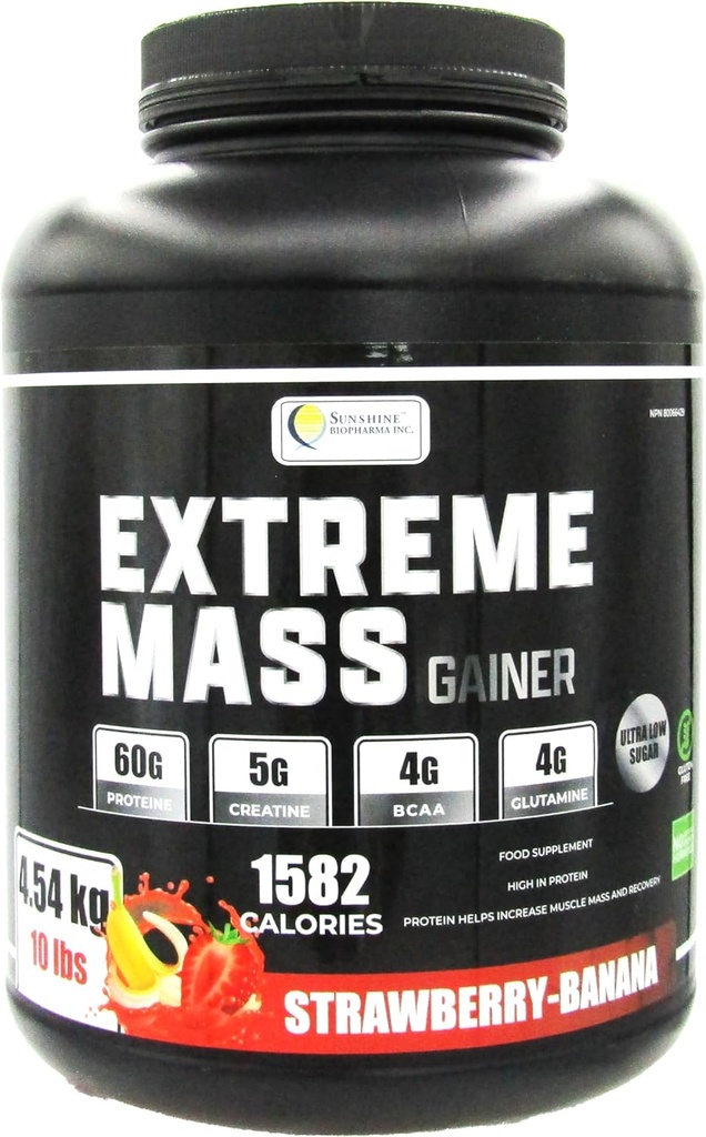 Extreme Mass Weight Gainer Muscle Builder, 10 lb (4,54 kg) με λιγότερη ζάχαρη για εντατική προπόνηση από υψηλή θερμίδα Ενισχυμένη πρωτεΐνη ορού γάλακτος (Strawberry-Banana)