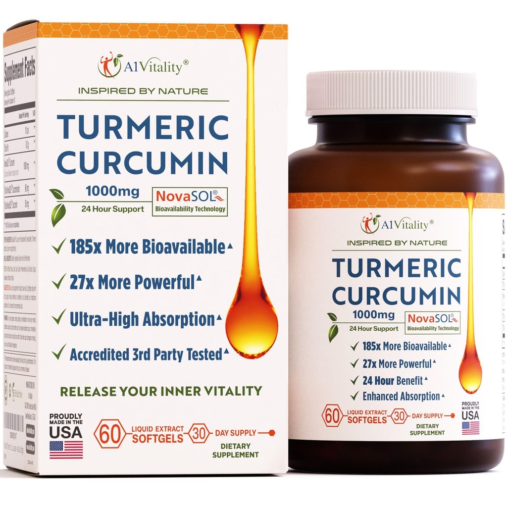 A1Vitality NovaSOL Turmeric Curcumin 1000 mg - Klinik olarak Proven 185x Aborpsiyon - Ortak Konfor, Hareketlilik ve Genel Wellness - Non-GMO, Doktor Formula, 60 Softgels.
