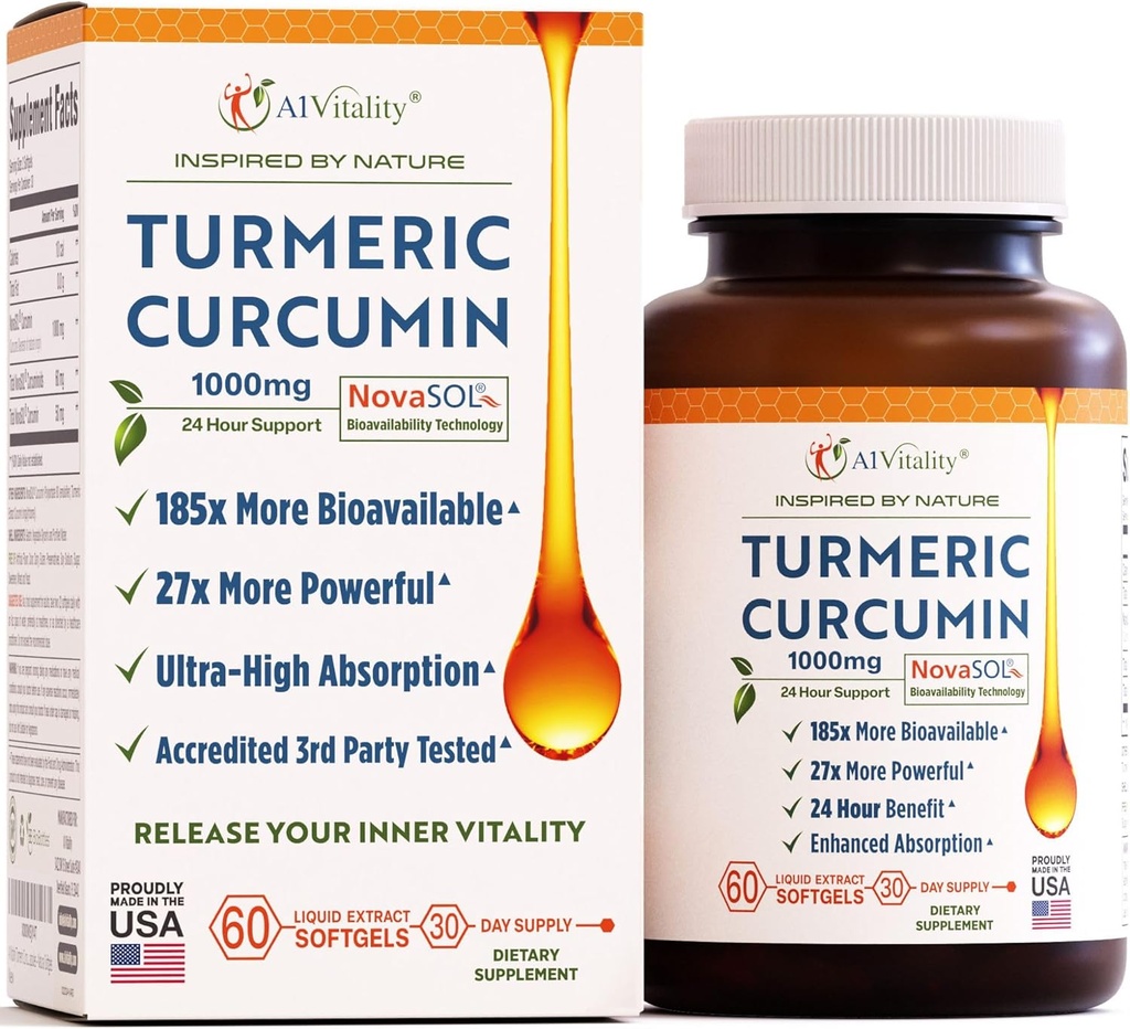 A1Vitality NovaSOL Turmeric Curcumin 1000mg – Clinically Proven 185x Υψηλότερη απορρόφηση – Προωθεί την κοινή άνεση, κινητικότητα & συνολική ευεξία – Μη-GMO, γιατρός Formulated, 60 Softgels.