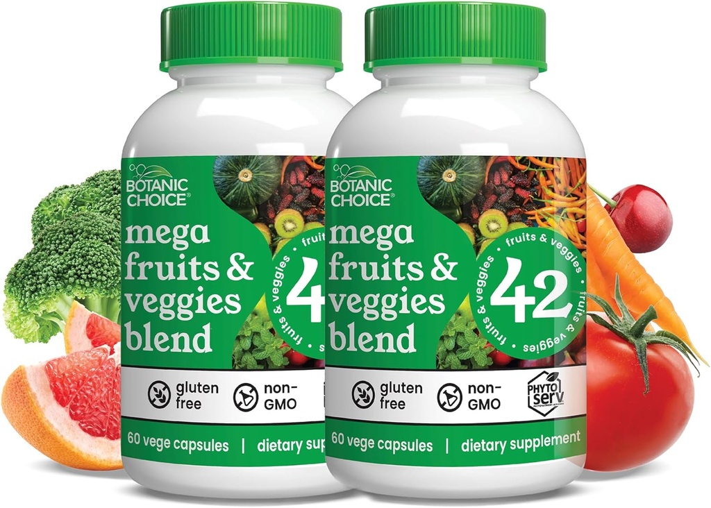 Botanic Choice Mega Fruits and Veggies Blend Σύνολο 42 Φρούτων και Λαχανικών Όπως Elderberry, Chlorella, Kale Energy Balance & Superfood Συμπληρώματα λαχανικών για ενήλικες - 2 Pack