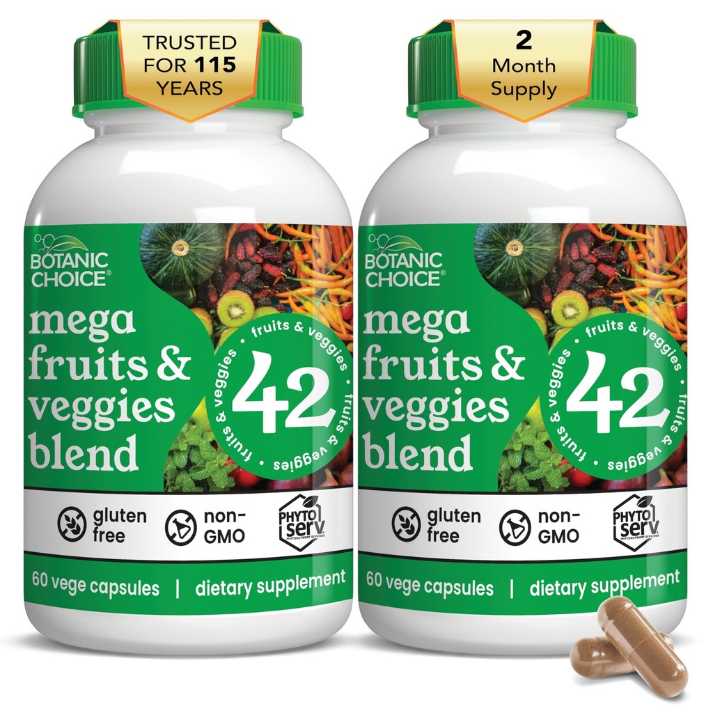 Botanic Choice Since 1910 - Mega Fruits & Veggies Blend - 42 Fruits and Vegetables - 2 Caps Daily - 60 Count Supplement - 2 Pack