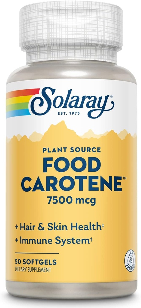 SOLARAY Food Carotene, A As Beta Carotene 25000IU | Sağlıklı Cilt & Gözler için Carotenoyaklar, Antioksi Aktivite & Immune System Support | 50ct