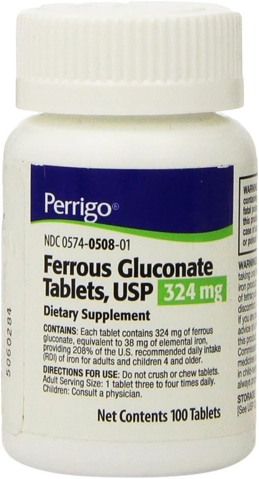 Perrigo Ferrous Gluconate Πράσινα Δισκία, 324mg, 100ct (3 Συσκευασία)