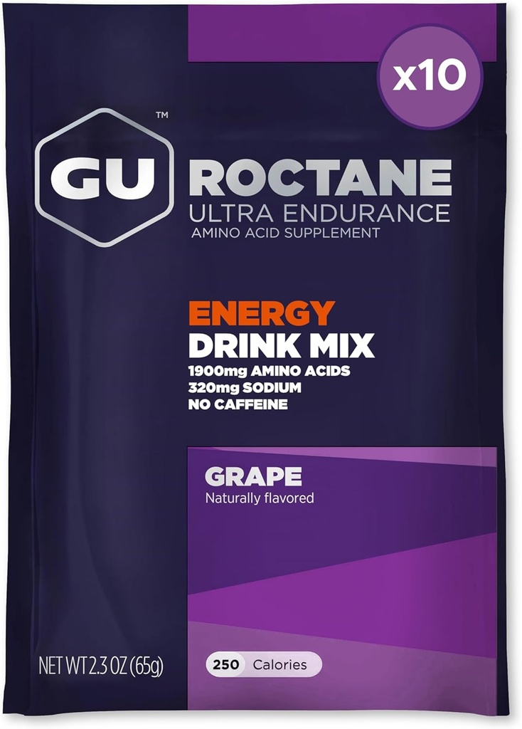 GU Energy Roctane Ultra Endurance Energy Drink Mix, Vegan, χωρίς γλουτένη, Kosher, Caffeine- Δωρεάν, και Γαλακτο-ελεύθερο n-the-Go Ενέργεια για κάθε προπόνηση, 10 πακέτα Single-serving, Grape