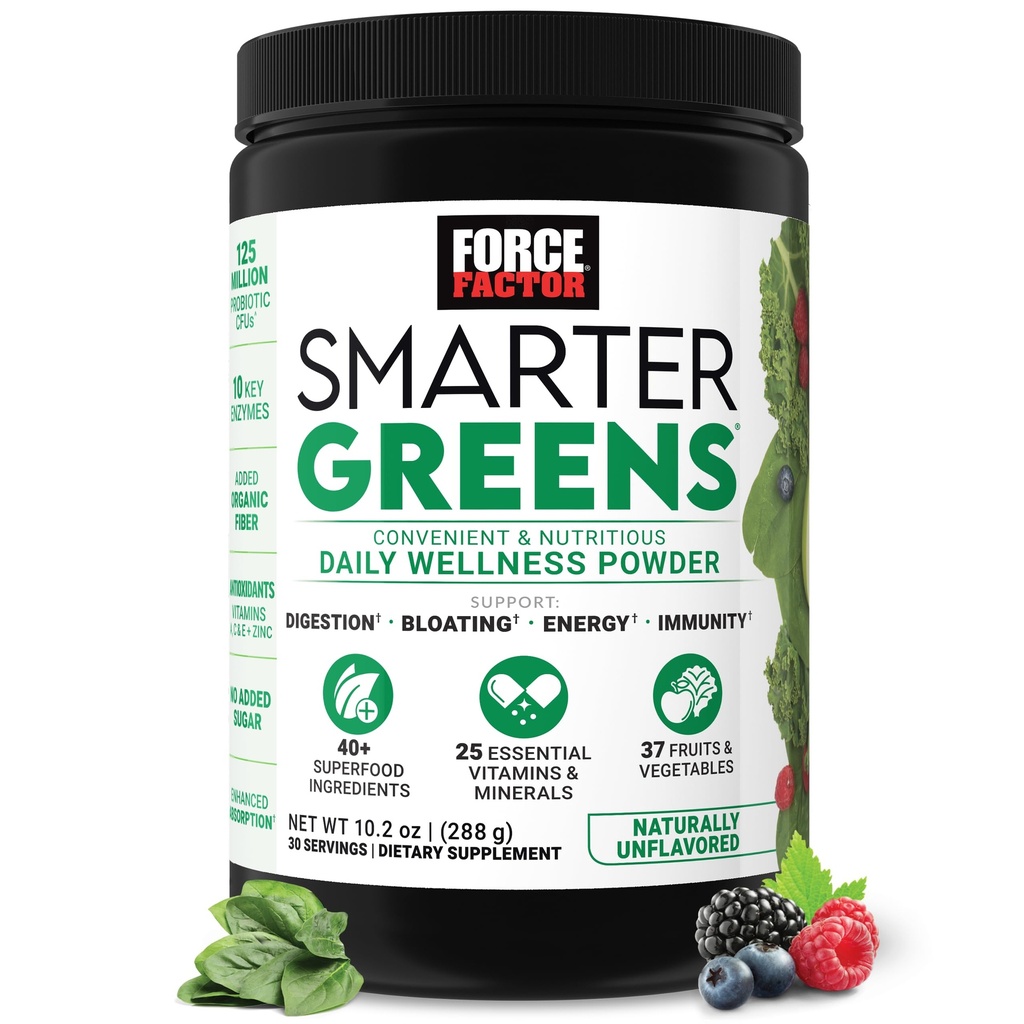 Force Factor Smarter Greens Daily Wellness Toz, Greens Superfood Toz Gut Health, Bloating, & Digestion, 40+ Superfoods, Probiyotiks 125 Milyon CFUs, Unflavored, 30 Hizmet