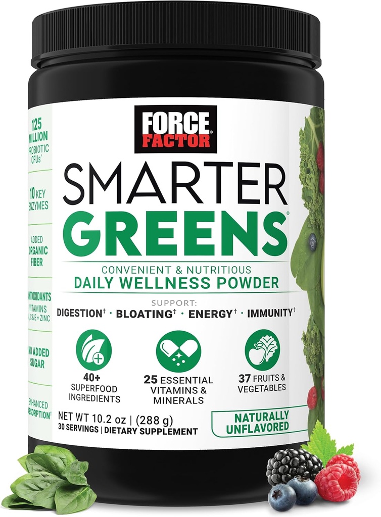 Force Factor Smarter Greens Daily Wellness Toz, Greens Superfood Toz Gut Health, Bloating, & Digestion, 40+ Superfoods, Probiyotiks 125 Milyon CFUs, Unflavored, 30 Hizmet