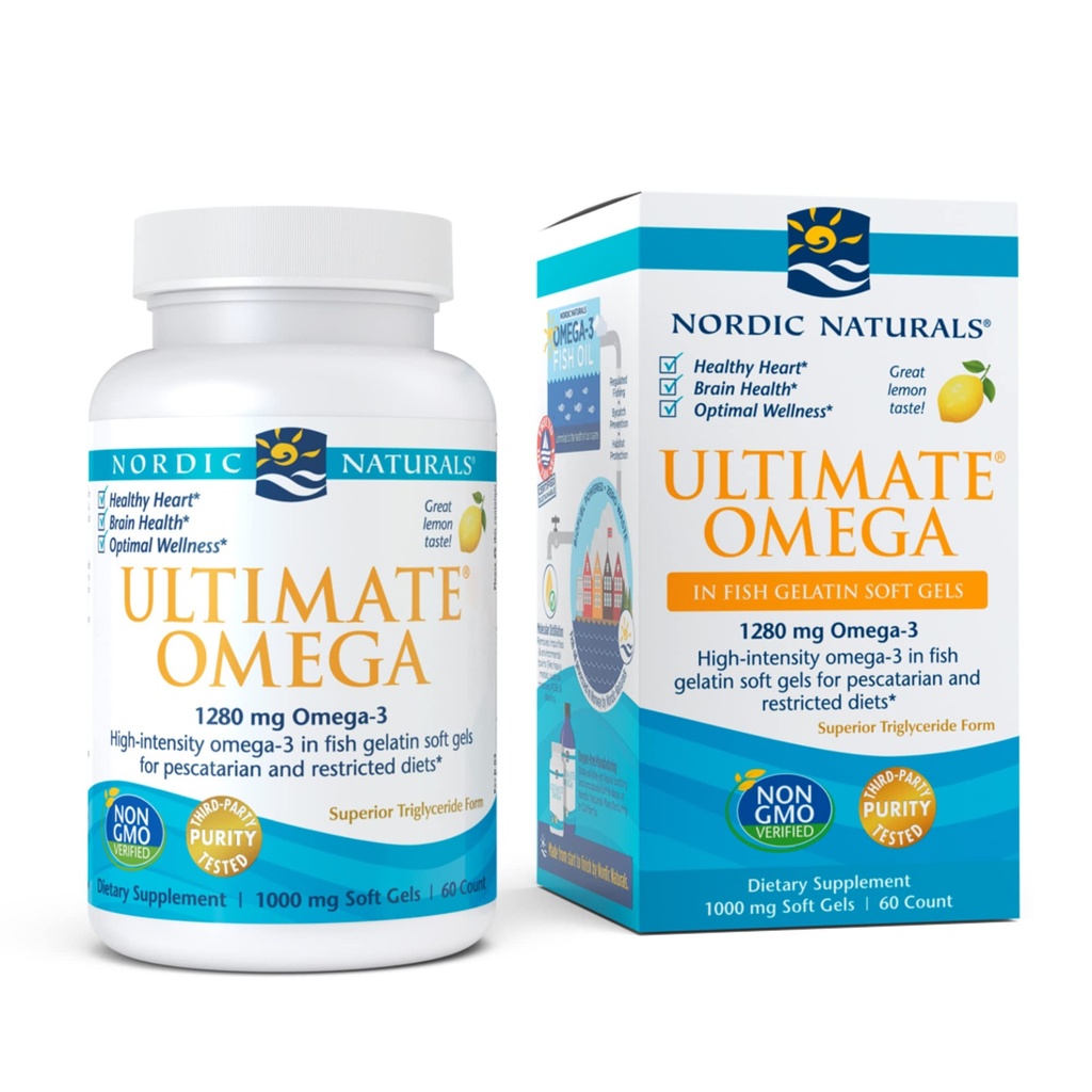 Kafka Naturals Ultimate Omega in Fish Gelatin, Lemon Flavor - 60 Soft Gels - 1280 mg Omega-3 - Yüksek Lisans Balık Petrol Tamamı - EPA & DHA - Beyin ve Kalp Sağlığı - Non-GMO - 30 Servisler