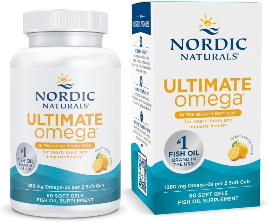 Nordic Naturals Ultimate Omega in Fish Gelatin, Lemon Flavor - 60 Soft Gels - 1280 mg Omega-3 - Συμπλήρωμα ιχθυελαίου υψηλής ισχύος - EPA & DHA - Προάγει την υγεία του εγκεφάλου και της καρδιάς - Μη ΓΤΟ - 30 Υπηρεσίες