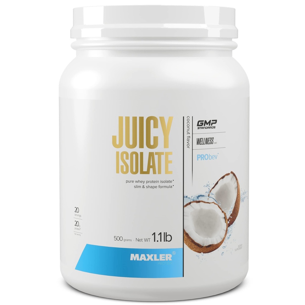 Maxler Juicy Isolate Protein Powder - Clear Whey Isolate - Χαμηλή Λακτόζη, Χωρίς λιπαρά, Χωρίς ζάχαρη Μύες Recovery Drink for Pre & Post Workout - 90% της πρωτεΐνης ανά Σερβίρισμα - Coconut 1.1 lb (20 Μερίδες)
