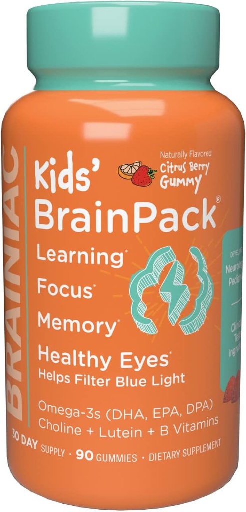 Brainiac Kids Günlük Beyin Paketi Gummies, Omega 3 DHA EPA DPA, Choline, B6 & B12 ve Lutein for Eye Health with Immune Support, Citrus Berry Flavor, 90 ctt
