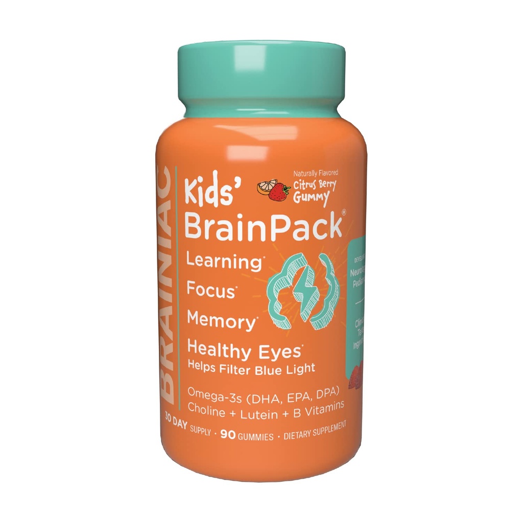 Brainiac Kids Günlük Beyin Paketi Gummies, Omega 3 DHA EPA DPA, Choline, B6 & B12 ve Lutein for Eye Health with Immune Support, Citrus Berry Flavor, 90 ctt