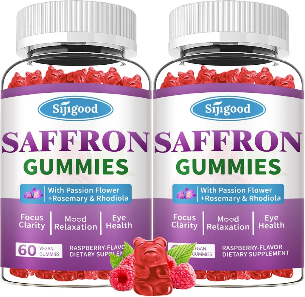 2 Packs Saffron Gummies - Sugar Free Saffron Supplement for Men Women Mood Support Supplement with Saffron Extract, Passion Flower, Magnezyum & Vitamins for Relaxation, Focus, Raspberry Flavor