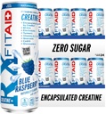 FITAID RX Zero Ζάχαρη, Ενθυλακωμένη κρεατίνη, Αναρρωτική γυμναστικής, All-In-One Blend, BCAAs, Γλυκοσαμίνη, Turmeric, B-Complex, Ηλεκτρόλυτες, Μπλε Βατόμουρο, 12 Fl Oz (πακέτο των 24)