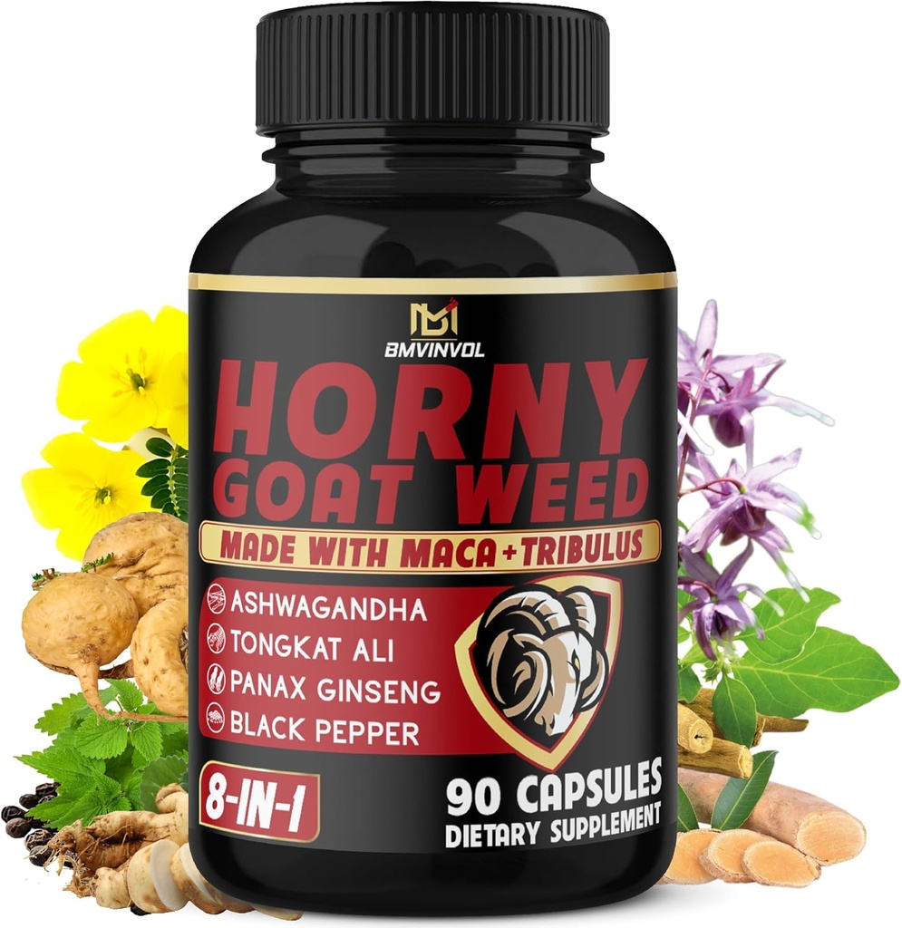 BMVINVOL Horny Goat Weed Capsules with Maca, BTC, Tribulus Terrestris, Ashwagandha, Black Pepper - 90 Count for 3 Ay Supply