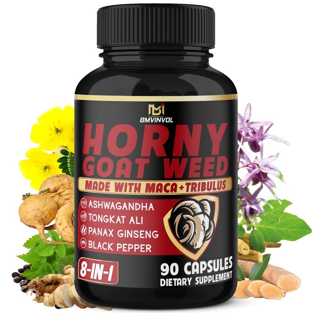 BMVINVOL Horny Goat Weed Capsules with Maca, BTC, Tribulus Terrestris, Ashwagandha, Black Pepper - 90 Count for 3 Ay Supply