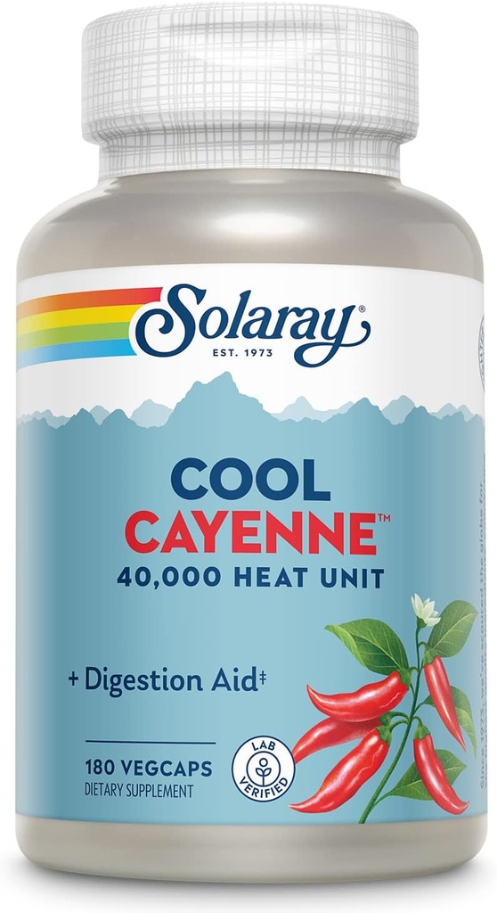 SOLARAY Cool Cayenne Pepper 40.000 HU, Cayenne Pepper Capsules, Digestion Aid, Bio-Cool Process, Lab Onaylandı, 60 Günlük Para-Back, 90 Hizmet, 180 VegCaps