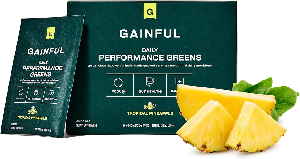 Günlük Performans Yeşilleri Toz, Coconut Pineapple, Gut Health, Energy, Focus ve Immune Support with L Theanine, Organik Yeşiller, Chlorella, Ginger, Green + Adaptogen Drink Mix, 28 Packets