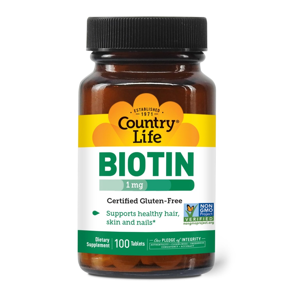 Country Life Biotin 1mg Υποστηρίζει υγιή μαλλιά, δέρμα & νύχια, 100 δισκία, Certified Gluten Free, Certified Vegan, Certified Hanal, Μη ΓΤΟ Επαληθευμένο