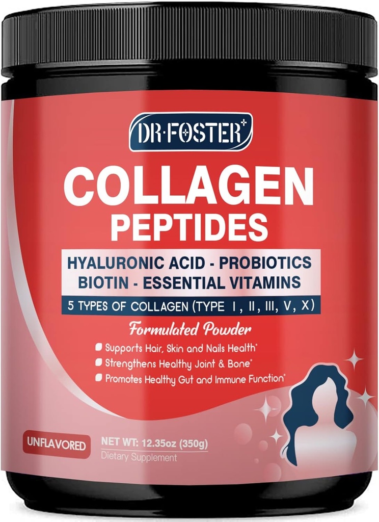 Probiyotikler ile Multi Collagen, Toz - Tip I II III V X - Hydrolyzed Collagen, with Multivitamins, Hyaluronic Acid & Biotin - Support Skin Hair Nail Joints & Gut, 35 Servisler