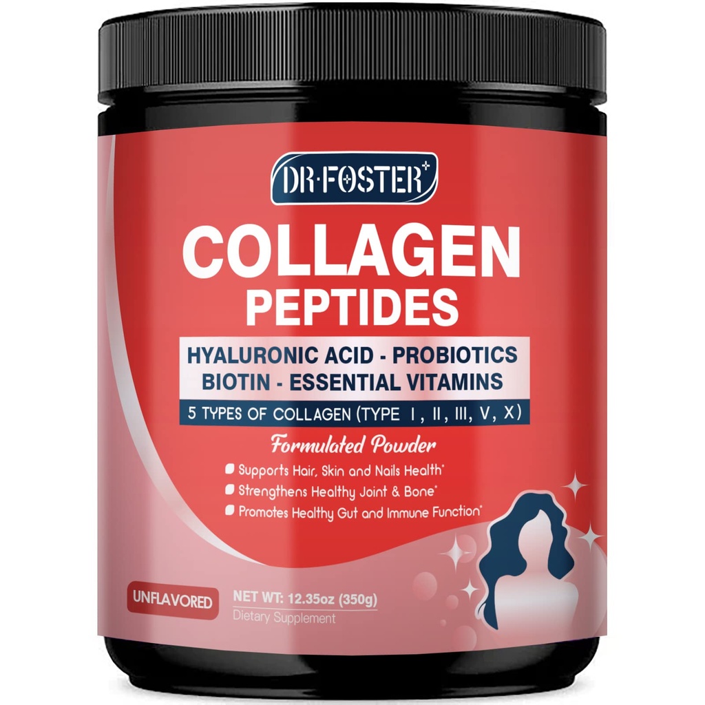 Probiyotikler ile Multi Collagen, Toz - Tip I II III V X - Hydrolyzed Collagen, with Multivitamins, Hyaluronic Acid & Biotin - Support Skin Hair Nail Joints & Gut, 35 Servisler