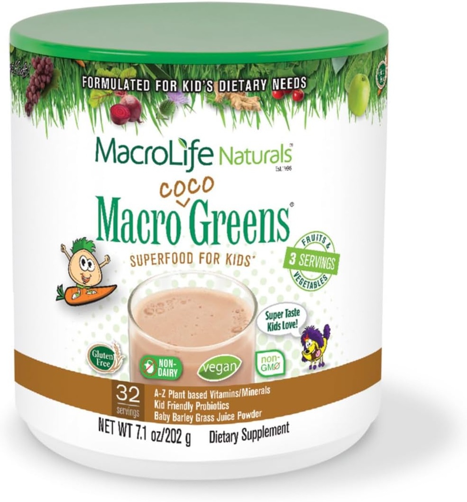 MacroLife Naturals MacroCoco Greens Σοκολάτα Superfood Σκόνη για τα παιδιά Ακατέργαστα Φρούτα Veggies Probiotics & Digestive Enzymes, Ανοσία Ενέργεια, Μη ΓΤΟ, Vegan, Γλουτένη, Γαλακτοκομικά Χωρίς - 7oz (32 Μερίδες)