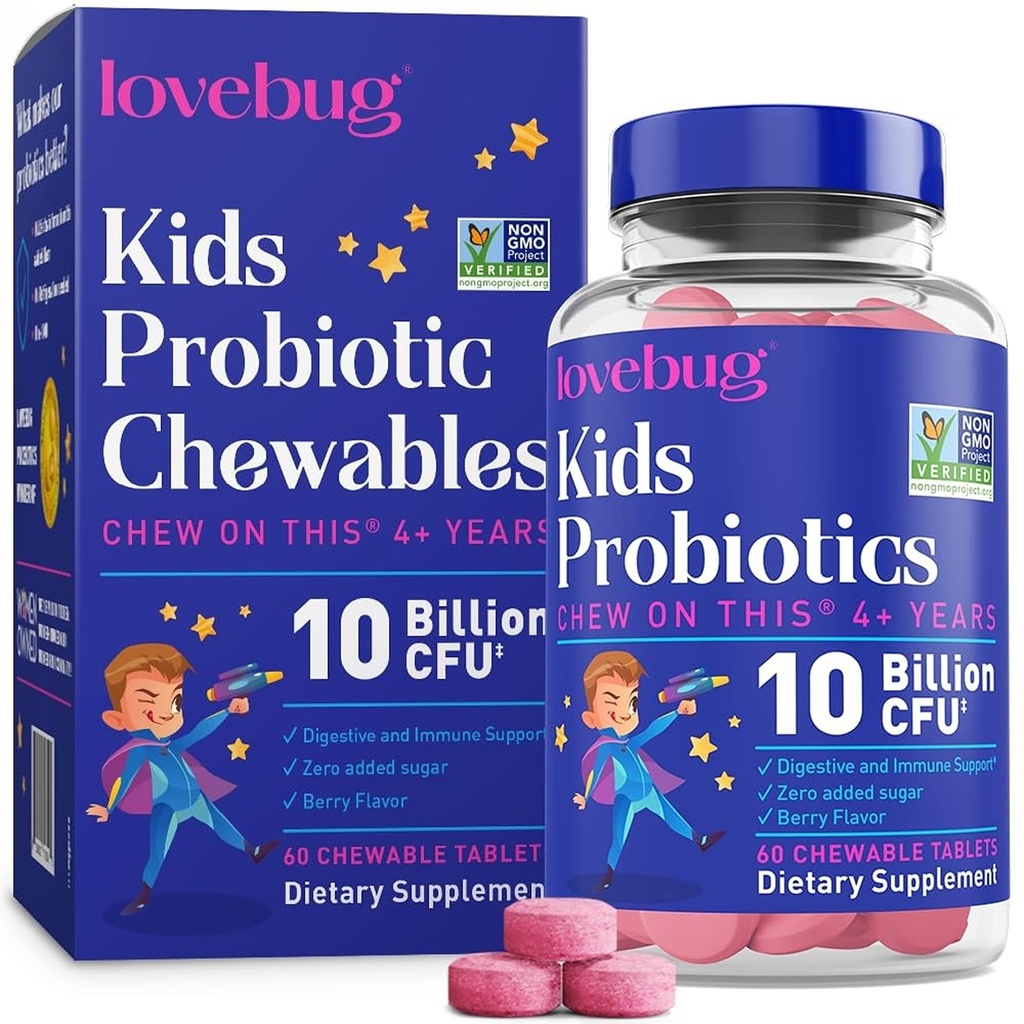 Çocuklar için LOVEBUG Probiyotikleri - Probiyotik Chewables with Prebiyotik Fiber for Age 4+,Daily Children's Gut Health & Digestive Support Supplement, Sugar-Free Berry Flavor, 60 Count