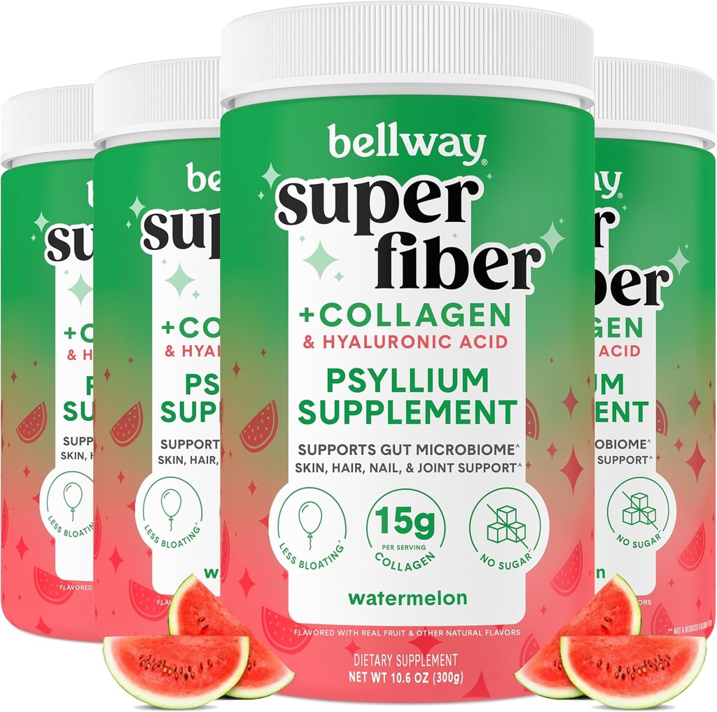 Bellway Super Fiber Toz + Collagen (4 Pack), Sugar-Free Psyllium Husk Toz Collagen Peptides ve Hyaluronic Asit for Gut Health, Sağlıklı Skin, Nails, Bones & Commons, Watermelon (42.4 oz)