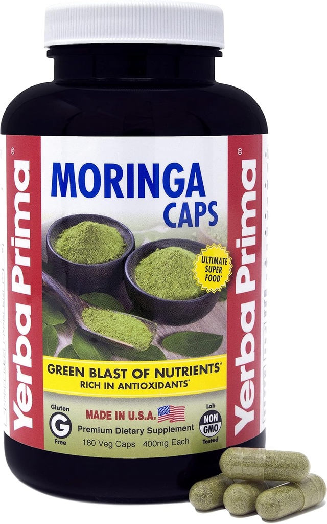 Yerba Prima Moringa, 180 Kont Veg Caps - 400 mg of Pure, Tray Toz, Green Blast of Nutrients, Rich in Antisoxy, 100% Pure, Super Food, Non-GMO, Vegan Friendly, Gluten-Free, USA Made