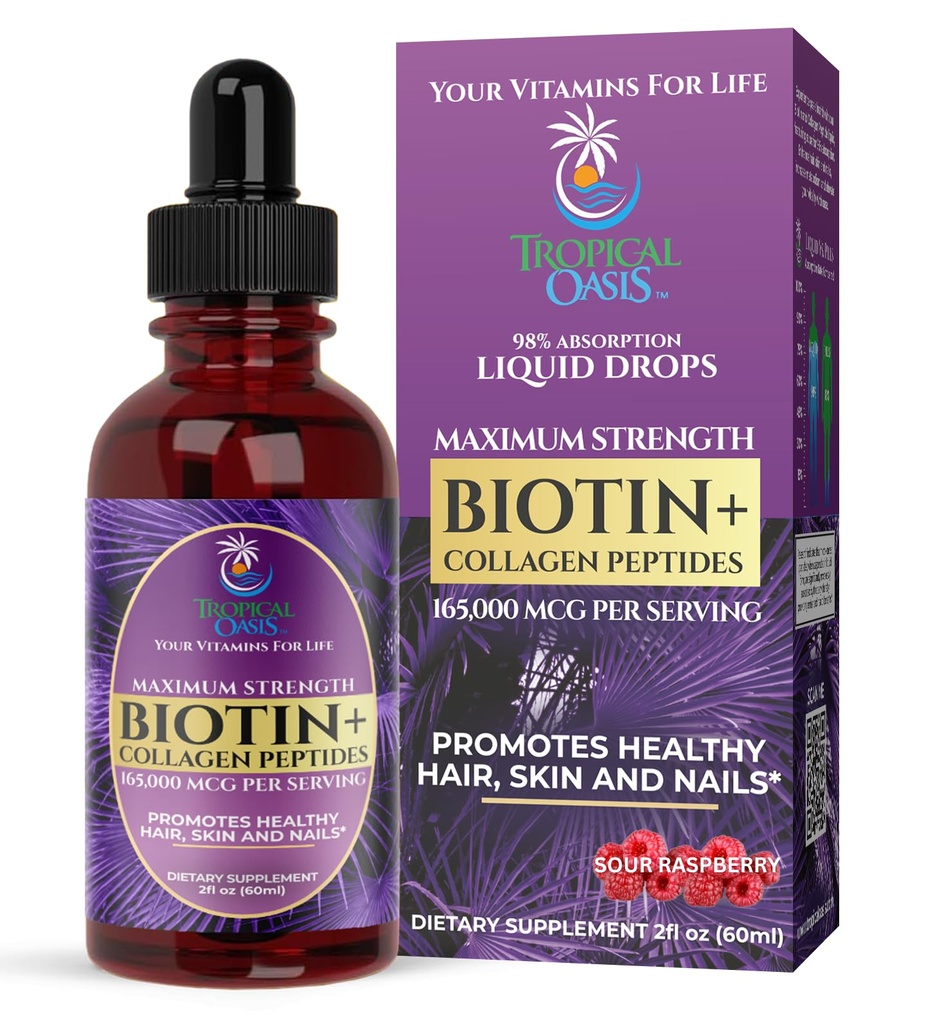 Maximum Strength 165,000mcg Liquid Biotin & Collagen Drops – Vitamins for Hair Growth for Women & Men – Supports Healthy Hair, Radiant Skin & Strong Nails – 98% Absorption, Non-GMO, 60 Servings