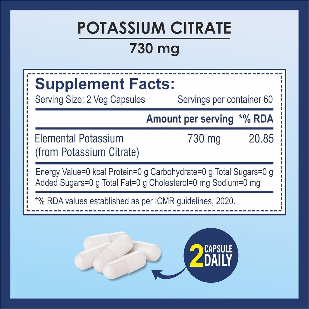 Potasyum Citrate 730 mg Supplement, Destekler Kidney Fonksiyonl & Sağlıklı Kas - 120 Sebze Kapsülleri