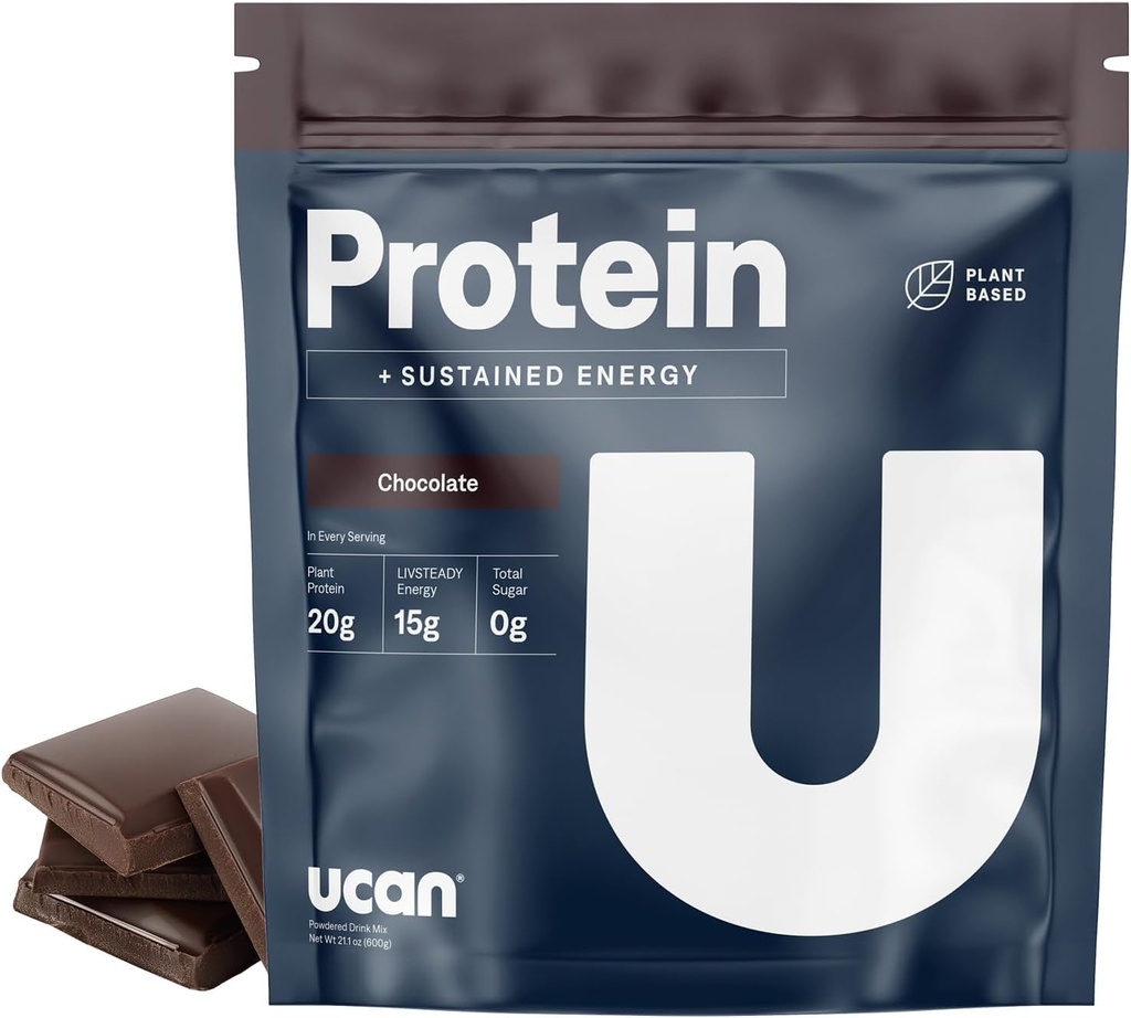 UCAN Energy + Plant Protein Toz - Vegan Plant Based Protein 20g Pea Protein with Amino Asits EAAs & BCCAs - Keto Protein Toz - Eklenmemiş Şeker, Gluten-Free - Chocolate -12 Servisler
